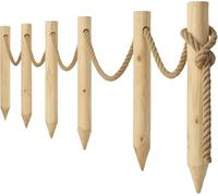 TIMBERMIK Clôture de Jardin en Bois Non Traité 6 Poteaux Ø8x80cm + 12m Corde Jute - Palissade Rustique Bois Naturel pour Extérieur Décoration Jardin Terrasse