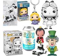 Time for Tea Alice Figure Exclusive Bundled with Anniversary Alice in Wonderland Pop! + Retro Disney World Attractions Theme Park Peter Pan Flight Hanger + Disney Poster + Snow White Card Pack 4 items