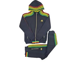 Time Is Money Ensemble de survêtement rasta pour homme | Sweat à capuche zippé intégral & Pantalon de jogging | Détail rayé rasta | Tenue de rue décontractée, Noir , XL
