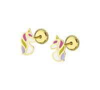 TIME ROAD Boucles d’oreilles Fille en Or 9K LG00186 - Fermoir Sécurisé à Vis - Licorne - Enfant - Idéal Cadeau Communion ou Anniversaire