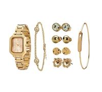TIME100 Set de Montre pour Femme Rectangulaire avec Bracelet Chaîne et 4 Paires Boucles d'oreilles Rose Zippé Coffret Cadeau