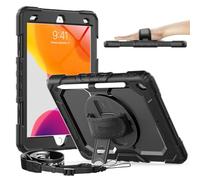 Timecity Coque pour iPad 9e Génération 2021 10,2 Pouces 9ème/8ème/7ème Génération, Coque Antichoc Robuste avec Protection D'écran, Porte-Crayon, Support Rotatif à 360°, Dragonne, Bandoulière,Noir