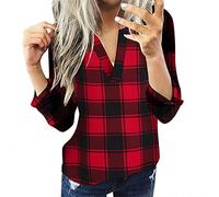 TIMEMEAN Blouses Femme Chemise à Carreaux en Coton Grande Taille Chemisier De Base Décontracté à Manches Longues Et Col en V, Coupe Ajustée Et Confortable