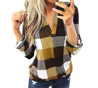 TIMEMEAN Blouses pour Femme Chemise à Col en V à Carreaux Hauts Décontractés à Manches Longues Retroussées Chemisiers De Travail Coupe Slim