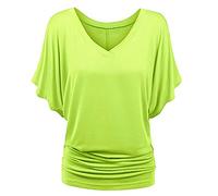 TIMEMEAN Femme Blouses Chemise à Manches Chauve-Souris Et Ourlet Replié Tunique De Couleur Unie à Manches Courtes Et Col en V De Grande Taille, #03vert, XL, (TIMEMEANshirt4405)
