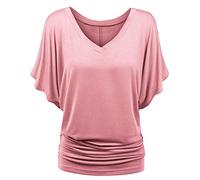 TIMEMEAN Femme Blouses Chemise à Manches Chauve-Souris Et Ourlet Replié Tunique De Couleur Unie à Manches Courtes Et Col en V De Grande Taille