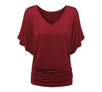 TIMEMEAN Femme Blouses Chemise à Manches Chauve-Souris Et Ourlet Replié Tunique De Couleur Unie à Manches Courtes Et Col en V De Grande Taille