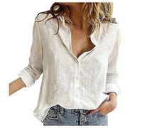 TIMEMEAN Femme Chemise Boutonnée en Lin De Coton Décontractée Plaine Retrousser Manches Longues Revers Col en V Blouses