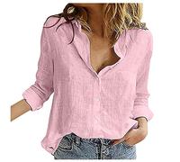 TIMEMEAN Femme Chemise Boutonnée en Lin De Coton Décontractée Plaine Retrousser Manches Longues Revers Col en V Blouses