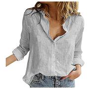 TIMEMEAN Femme Chemise Boutonnée en Lin De Coton Décontractée Plaine Retrousser Manches Longues Revers Col en V Blouses