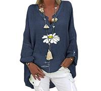 TIMEMEAN Femme Shirts Tuniques en Lin à Col en V De Grande Taille Retroussés à Manches Longues à Imprimé Floral