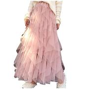 TIMEMEAN Femmes Jupe Longue Superposée en Tulle Tutu Transparent Jupes De Bal en Gaze De Couleur Unie élastiques à Taille Haute #03rose M