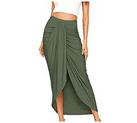 TIMEMEAN Femmes Jupe Maxi Drapée Asymétrique Portefeuille Fente Jupes Mi-Longues Décontractées Plissées Taille Haute De Couleur Unie #01armée Verte L