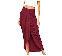 TIMEMEAN Femmes Jupe Maxi Drapée Asymétrique Portefeuille Fente Jupes Mi-Longues Décontractées Plissées Taille Haute De Couleur Unie, #04rouge, M, (TIMEMEANjupe5584)