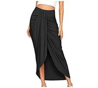 TIMEMEAN Femmes Jupe Maxi Drapée Asymétrique Portefeuille Fente Jupes Mi-Longues Décontractées Plissées Taille Haute De Couleur Unie XXL Noir