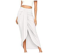 TIMEMEAN Femmes Jupe Maxi Drapée Asymétrique Portefeuille Fente Jupes Mi-Longues Décontractées Plissées Taille Haute De Couleur Unie, #05blanc, M, (TIMEMEANjupe5584)