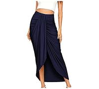 TIMEMEAN Femmes Jupe Maxi Drapée Asymétrique Portefeuille Fente Jupes Mi-Longues Décontractées Plissées Taille Haute De Couleur Unie #03bleu M