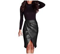 TIMEMEAN Femmes Jupe Mi-Longue Taille Haute Froncée en Cuir PU Jupes Moulantes d'affaires De Bureau Fendues Décontractées De Couleur Unie TIMEMEANjupe5584, #01noir, S