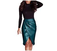 TIMEMEAN Femmes Jupe Mi-Longue Taille Haute Froncée en Cuir PU Jupes Moulantes d'affaires De Bureau Fendues Décontractées De Couleur Unie
