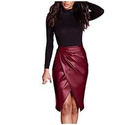 TIMEMEAN Femmes Jupe Mi-Longue Taille Haute Froncée en Cuir PU Jupes Moulantes d'affaires De Bureau Fendues Décontractées De Couleur Unie #04du Vin L