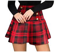 TIMEMEAN Femmes Taille élastique Plaid Bouton Jupe Plissée Taille Haute A-Line Skater Uniforme Scolaire Mini Jupes