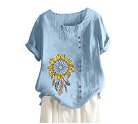 TIMEMEAN Haut pour Femme Chemise à Manches Courtes en Coton Et Lin à Imprimé Tournesol Décontracté LâChe Col Rond Bouton Décorer Tunique Blouse
