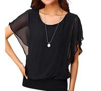 TIMEMEAN Hauts pour Femme élégant Chemisier en Mousseline à Volants Chemise De Travail Décontractée à Manches Courtes à Manches Chauve-Souris Et à Encolure Dégagée #01noir S