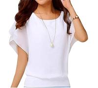 TIMEMEAN Hauts pour Femme élégant Chemisier en Mousseline à Volants Chemise De Travail Décontractée à Manches Courtes à Manches Chauve-Souris Et à Encolure Dégagée #04blanc M