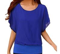 TIMEMEAN Hauts pour Femme élégant Chemisier en Mousseline à Volants Chemise De Travail Décontractée à Manches Courtes à Manches Chauve-Souris Et à Encolure Dégagée, #02bleu, (TIMEMEANshirt4405)