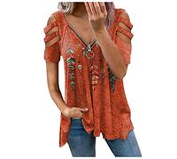 TIMEMEAN Shirts Femmes Chemise Tunique Découpée à épaules Dénudées Chemisier Fluide Imprimé Plumes à Col en V Et Fermeture à GlissièRe De Grande Taille