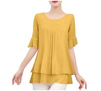 TIMEMEAN Shirts Femmes Chemisier éLégant en Mousseline De Soie De Couleur Unie Tops De Chemise Plissés à Manches Courtes à Volants à La Mode, TIMEMEANshirt4405, #04jaune, XL
