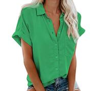 TIMEMEAN Tee Shirt Femme Chemise Boutonnée à Col en V D'été à Manches Courtes à Revers à Manches Décontractées Tops Chemisier Uni #03vert M