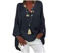 TIMEMEAN Tee Shirt pour Femme Chemisier Tunique Imprimé Fleuri en Coton Et Lin De Grande Taille Haut Fluide Décontracté à Manches Longues Et Col en V #12marine L