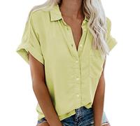 TIMEMEAN TIMEMEANshirt4405 Tee Shirt Femme Chemise Boutonnée à Col en V D'été à Manches Courtes à Revers à Manches Décontractées Tops Chemisier Uni, #08jaune, XL