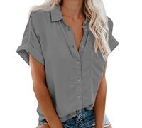 TIMEMEAN TIMEMEANshirt4405 Tee Shirt Femme Chemise Boutonnée à Col en V D'été à Manches Courtes à Revers à Manches Décontractées Tops Chemisier Uni, #04gris, XL