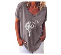 TIMEMEAN Tops Femmes T-Shirt Fleurie Pissenlit De Grande Taille Hauts De Chemisier Basiques à Col en V Et à Manches Courtes D'été Décontractés
