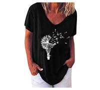 TIMEMEAN Tops Femmes T-Shirt Fleurie Pissenlit De Grande Taille Hauts De Chemisier Basiques à Col en V Et à Manches Courtes D'été Décontractés