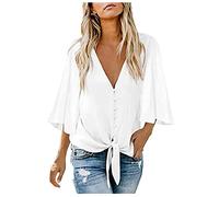 TIMEMEAN Tunique Femmes Chemisier Noué à Manches Cloche Chemises Décontractées à Manches Courtes Et Col en V Boutonnées De Couleur Unie, #03blanc, L, (TIMEMEANshirt4405)