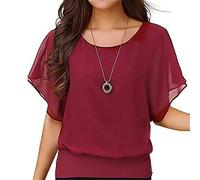 TIMEMEANshirt4405 TIMEMEAN Hauts pour Femme élégant Chemisier en Mousseline à Volants Chemise De Travail Décontractée à Manches Courtes à Manches Chauve-Souris Et à Encolure Dégagée #03du Vin