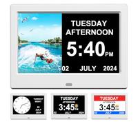 TIMEMOON Réveil avec jour et date pour personnes âgées Calendrier numérique Cadre photo Affichage automatique à intensité variable 15 options d'alarme (17,8 cm, blanc)