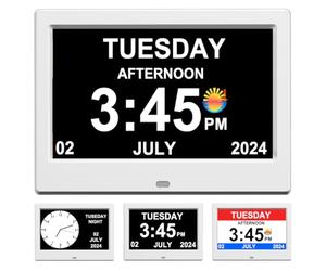 TIMEMOON Réveil avec jour et date pour personnes âgées Calendrier numérique Cadre photo Affichage automatique à intensité variable 15 options d'alarme (17,8 cm, blanc)
