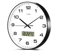 TIMESS Horloge Murale, Grand Cadran de 35,6 cm, sans tic-tac, silencieuse, Fonctionne à Piles, Affichage LCD pour Calendrier perpétuel et température F°, idéale pour la Maison, la Chambre, Le Bureau
