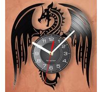 Timethink Horloge murale en forme de dragon de 30,5 cm, silencieuse, à quartz sans tic-tac, fonctionne avec piles, horloge murale vintage décorative analogique en vinyle noir pour chambre à coucher