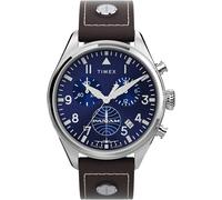 Timex Chronograph Montre pour hommes, 42 mm, bracelet en cuir marron, en deux pièces, cadran bleu, boîtier en acier inoxydable TWG030000