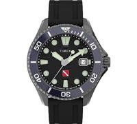 Timex Deep Water Automatic Montre pour hommes, 44 mm, bracelet en caoutchouc synthétique noir, à ouverture rapide, en deux pièces, cadran noir, boîtier gris acier TW2W21100