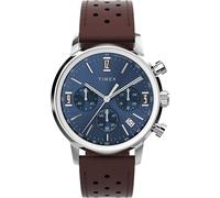 Timex Marlin Chronograph Montre pour hommes, 40 mm, bracelet en cuir marron à ouverture rapide, en deux pièces, cadran bleu, boîtier en acier inoxydable TW2W10200