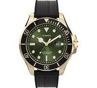 Timex Montre Harborside Coast 43 mm pour homme - Bracelet noir - Cadran vert - Boîtier doré