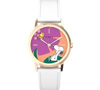 Timex Montre Peanuts Marlin 34 mm pour femme - Bracelet blanc - Autre cadran - Boîtier doré rose