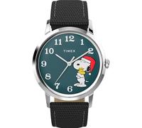 Timex Montre Peanuts Marlin 34 mm pour homme - Bracelet noir - Cadran bleu - Boîtier en acier inoxydable