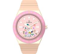 Timex Montre Peanuts Q 36 mm pour femme - Bracelet d'extension ton or rose - Cadran rose - Boîtier doré rose